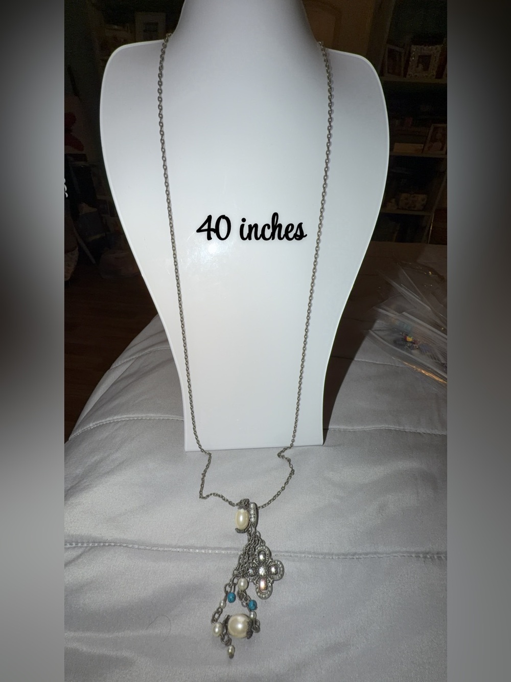 Silver-Tone Long Pendant Necklace with Pearl Accents
